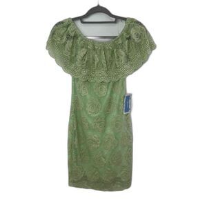 Mesmer Sage Green Lace Overlay Sleeveless Dress With Flower Pattern; Size Small